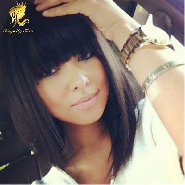Natural Color Short straight Human Hair Wig With Bangs Glueless Full Lace Wigs Peruvian Short Bob lace front Wigs For Black Woman