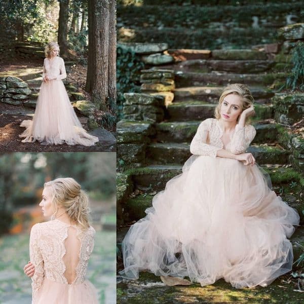 2020 Country Blush Pink Wedding Dresses Lace Appliques Long Sleeves Illusion Hollow Back Tulle Sweep Train Bohemian Plus Size Bridal Gowns