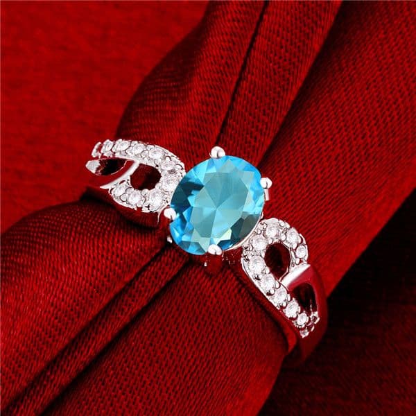 Hot sale Full Diamond fashion Double B with stone 925 silver Ring STPR048D brand new light blue gemstone sterling silver plated finger rings