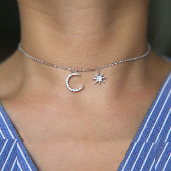 fashion jewelry simple christmas design delicate chain 3 color micro pave cz sparling moon star pendant choker necklace