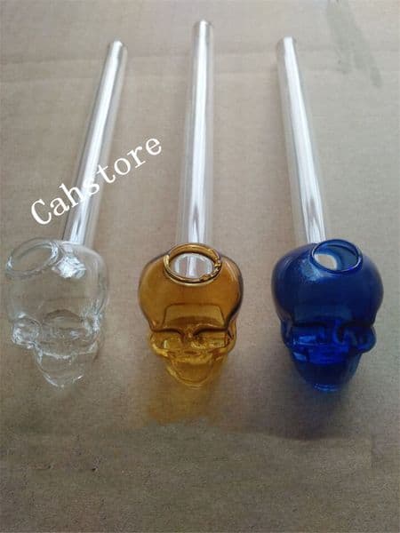 cheap 14cm Skull straight glass pipe oil heady glass smoking pipe bowl clear pyrex glass oil burner steamroller pipe