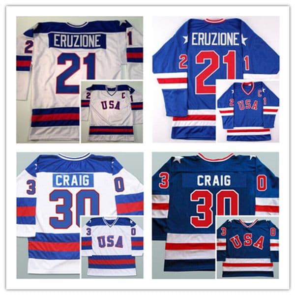 Man Retro 1980 USA Ice Hockey Jerseys 17 Jack Ocallahan 21 Mike Eruzione 30 Jim Craig Sticthed Blue White Alternate Size S-3XL