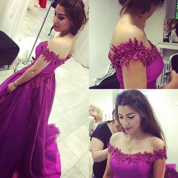 With Evening Purpule A Line D Applique Prom Dresses Off Shoulder Back Zipper Peplum Custom Made Tiered Ruffle Formal Party Gowns