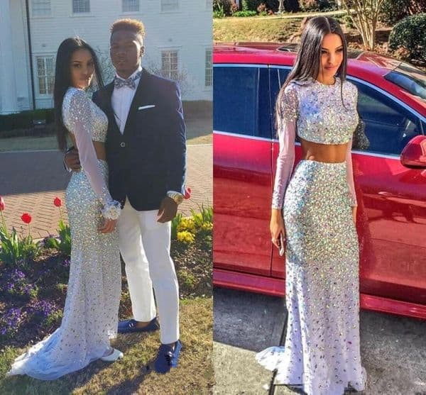 Luxury Bling Prom Dresses Two Piece Crystal Beaded Sequin Sparkly Prom Dresses Mermaid Long Sleeve Party Dresses Open Back Pageant Gowns