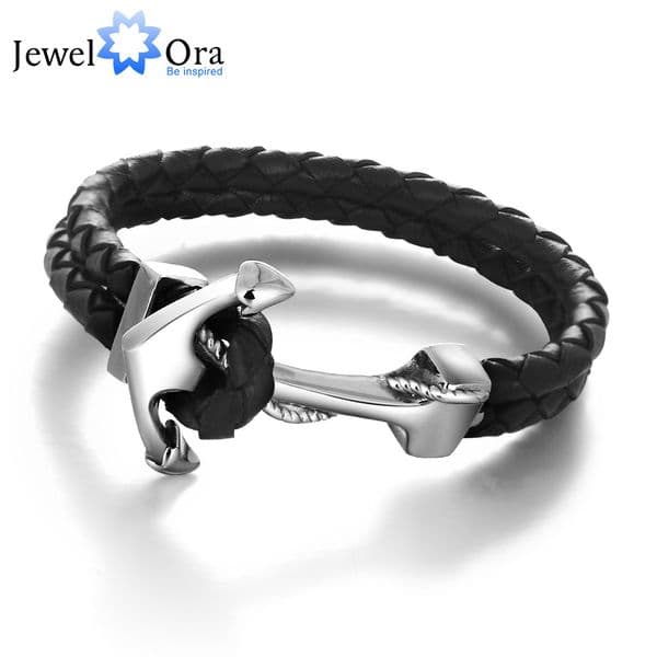 q228 Genuine Leather Anchor Stainless Steel Bracelets & Bangles Male Punk Jewelry 215m Length Mens Bracelet (JewelOra BA101280)