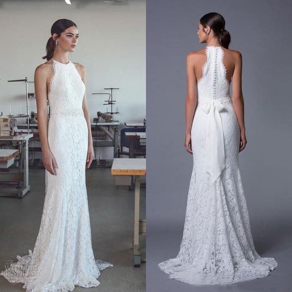 Modest 2017 Halter Country Mermaid Wedding Dresses Cheap Full Lace Pearls Beads Sash Back Couvered Buttons Bridal Gowns Custom EN1043