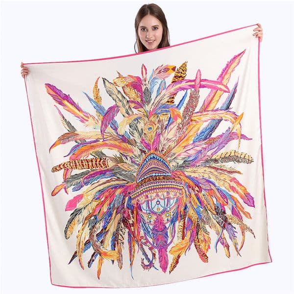 New Twill Silk Scarf Women Indian Feather Printing Square Scarves Fashion Wrap Female Foulard Large Hijab Shawl Neckerchief Beach Towel 130130CM L260518