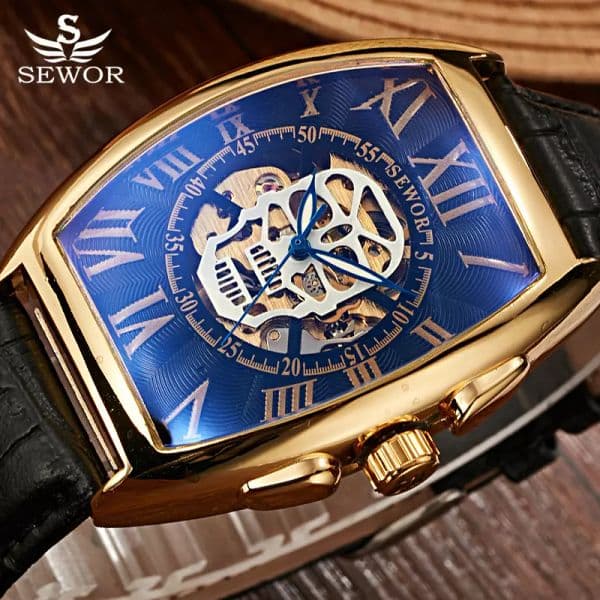 SEWOR old Pirate Skull Automatic Mechanical Watch Men Leather Skeleton Watch Steampunk Men Wristwatch Relogio Masculino