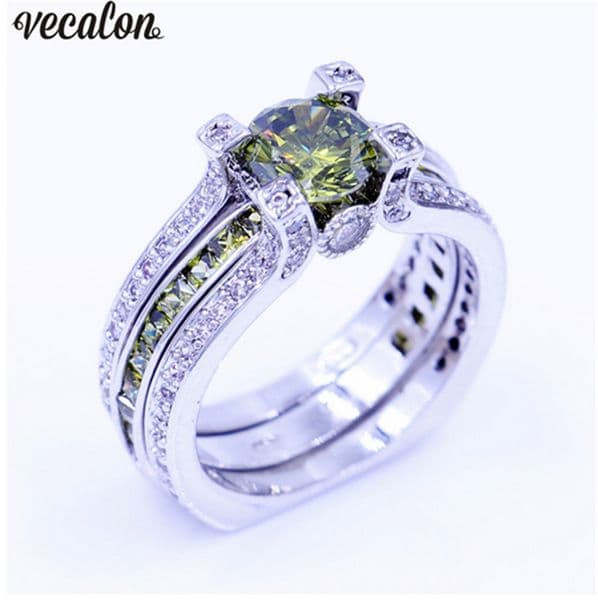Vecalon New Lady Anniversary ring Olive 5A zircon Cz White gold filled wedding Band ring Set for women men Birthstone Jewelry