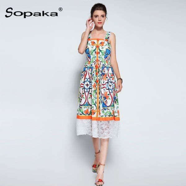 2018 Summer Sleeveless Floral Print Colorful Lace Sundress Boho Empire A-Line Spaghetti Strap Runway Designer Midi Women Dress