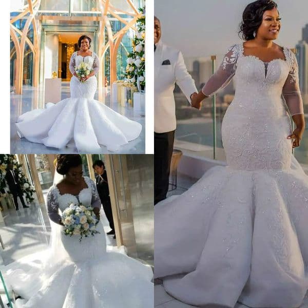 Mermaid Plus Size Gowns Square Neck Illusion Long Sleeves Wedding Dresses With Applique Sequins Sweep Train Bridal vestido de novia