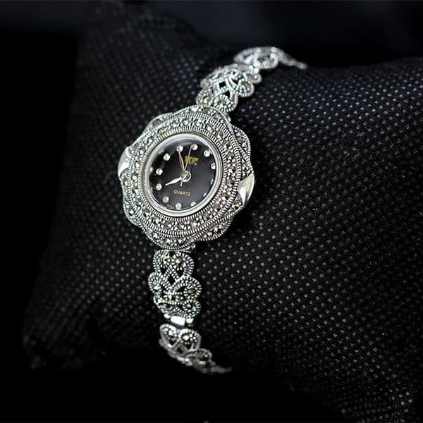 MetJakt Vintage Quartz Watch with Zircon Solid Sterling Bracelet for Women's Thai Sier Jewelry