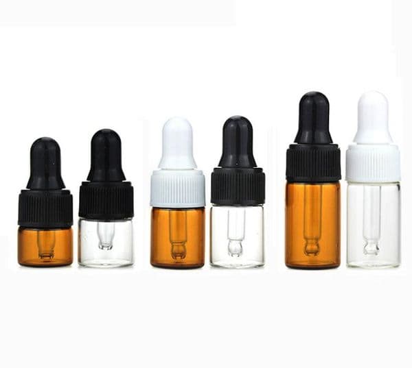 Empty Mini Essential Oil Bottles 1ml 2ml 3ml Amber Clear Glass Dropper Bottles with Black white Cap Glass Dropper Tube SN415