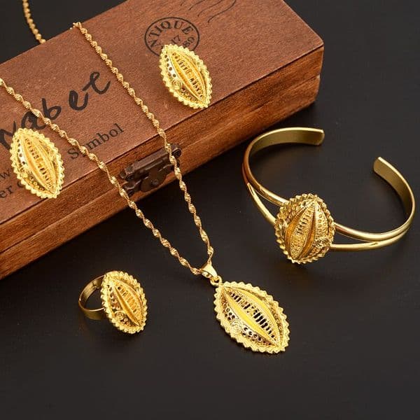 New Ethiopian Necklace/Earrings Wedding Jewelry Set For Women 24 k Solid Gold Color/Copper African/Ethiopian/Dubai Party Gifts
