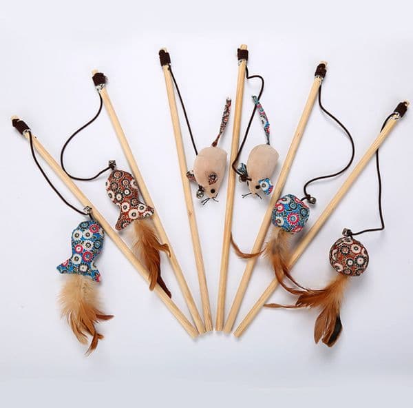 Free shipping cat playing toys fishing pole cat teaser sticks wooden balls mouse fish mixed colors 30pcs/lot