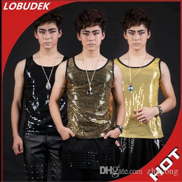 Summer Nightclub Tide Male Sequins Waistcoat Gold Black Sequin Vest Punk Stage Costume Bar DJ Singer Dancer Concert Performance Tank Tops