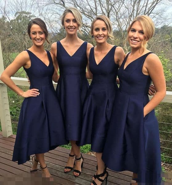 Garden Short Navy Blue Cheap Bridesmaid Dresses With Pockets V Neck Sleeveless High Low Maid Of Honor Gowns Formal Bridesmaids Dress