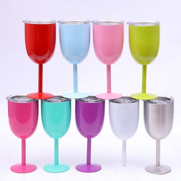 10oz Wine Glasses 304 Stainless Steel Double Wall Vacuum Insulated Cups With Lids Red Wine Tumbler cups 9color