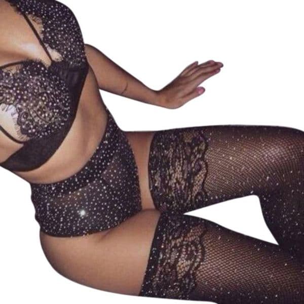Sexy Set Women Fishnet Bikini Tights Open Crotch Mesh Lace Pantyhose Shiny Rhinestone Party Club Stockings Fish Net Tights Hosiery Erotic