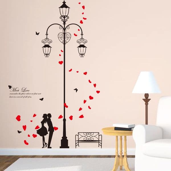 lovers red petals vinyl wall stickers DIY Street light couples wall art for living room room