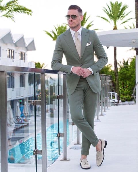 Sage One Buttons Mens Suits Slim Fit Wedding Grooms Tuxedos Notched Lapel Business Prom Suit (Jacket+Pants)