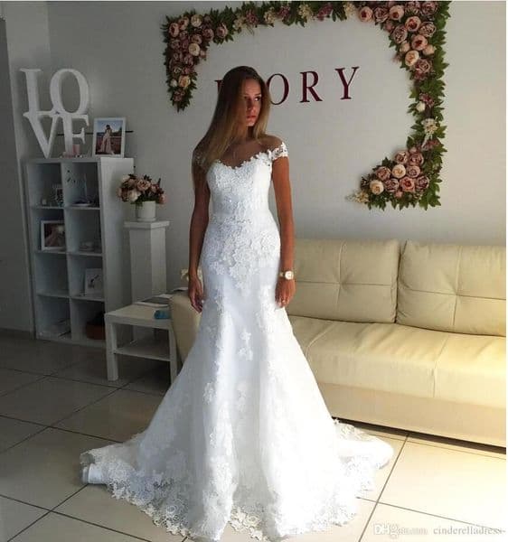 White Simple Elegant Off Shoulders Mermaid Wedding Dresses Full Lace Appliqued Wedding Bridal Gowns Vintage Country Style BC0166