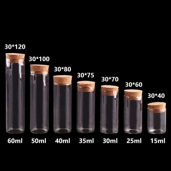 15ml/25ml/30ml/35ml/40ml/50ml/60ml Small Test Tube with Cork Stopper Bottles Jars Vials DIY Craft 24pieces T200506