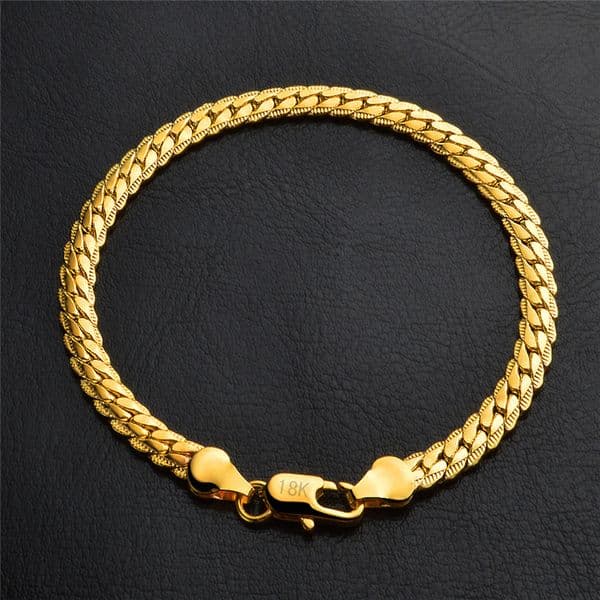 18K Gold Plated Bracelets Men 5mm Flat Chain Bracelet with Stamp Fashion Jewelry Birthday Christmas Gift for Women Party 20cm