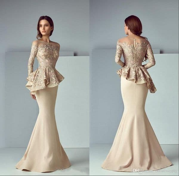 Dubai Arabic Champagne Lace Stain Peplum Mermaid Mother of the Bride Dresses Long Sheer Neck Long Sleeve Elegant Evening Formal Gowns