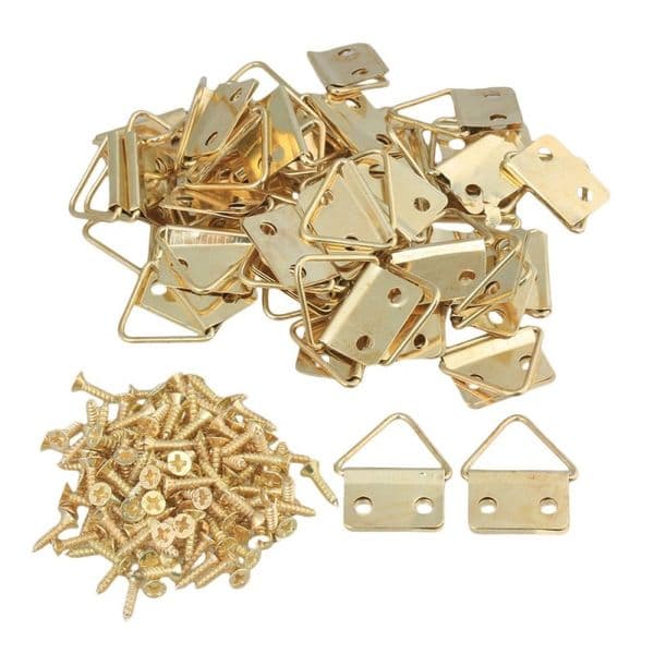 Gold Triangle Ring Hanger for Photo Picture Frame Wall Hangings 2 Hole Set of 50, free shipping