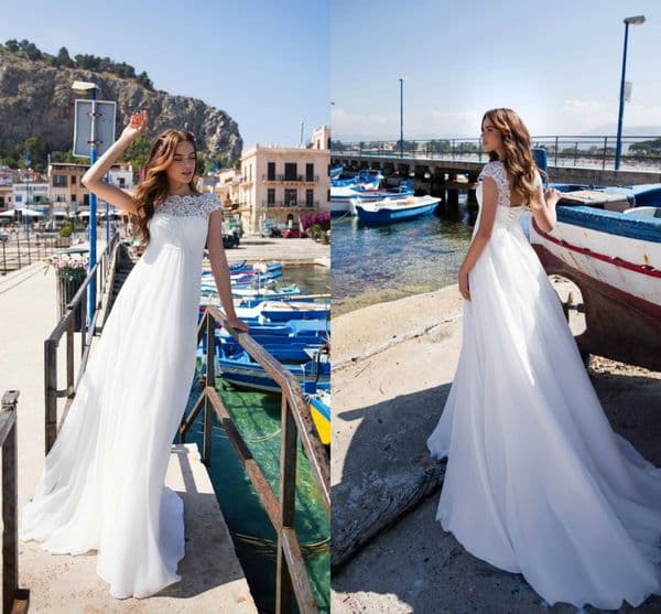 Lussanobridal A Line Empire Wedding Dresses Jewel Neck Short Sleeve Up Back Lace Applique Gown with Sweep Train