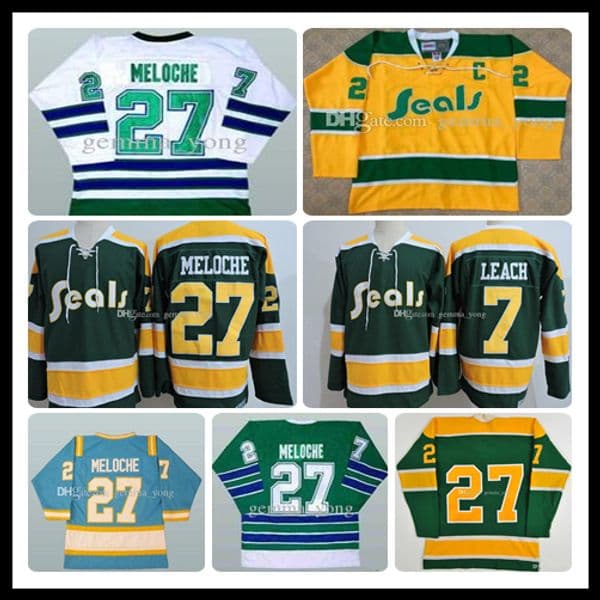 Retro Full Stitched Men's 1970s CALIFORNIA GOLDEN SEALS Blue Green Yellow White Gilles Meloche 27 Reggie Leach 7 Cheapest Hockey Jersey