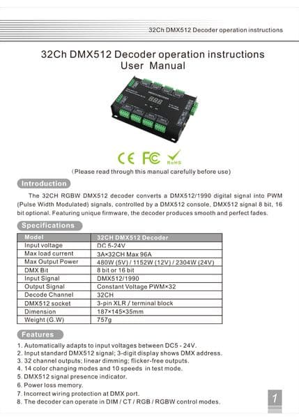 32 Channel 96A RGBW DMX 512 LED Decoder Controller DMX Dimmer DC5-24V RGBW RGB LED light 8 Bit/16 Bit