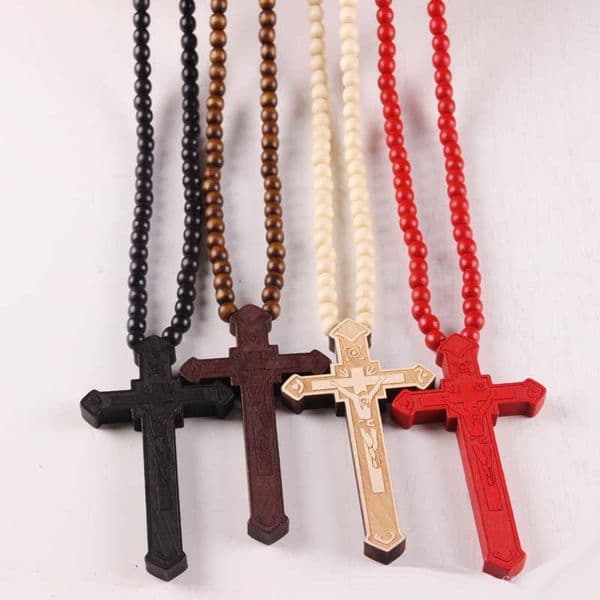 New Wooden Cross Pendant Necklaces Christian religious Wood crucifix Charm beaded chains For women Men Fashion Jewelry Gift