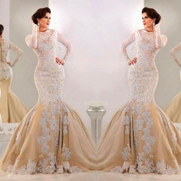 2019 Stunning Champagne Lace Applique Saudi Arabia Evening Dresses long sleeves Mermaid High Neck Arabic Style Dubai Prom Dress Party Gowns