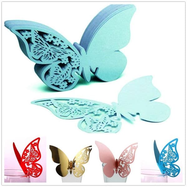 50pcs White Blue Pink Purple Name Cards Butterfly Place Escort Wine Glass Cup Paper Card Wedding Party Decorations seat Cup cards