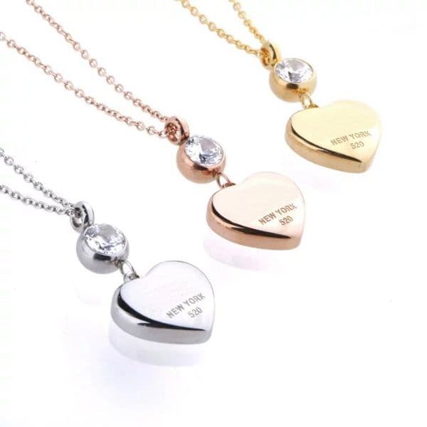 New Arrive Fashion Lady 316L Titanium steel Lettering 18K Plated Gold Necklaces With Single Diamond Heart Pendant 3 Color