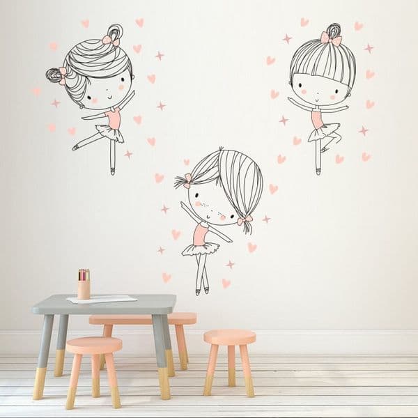 3Pcs/Set Cute Ballet Girls Dancing Vinyl Wall Stickers Funny Cartoon Dancers Wall Decal for Kids Rooms Bedroom Home Decor JH2017 Y200103