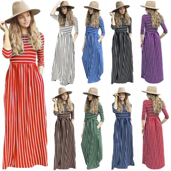 Plus Size Striped Print Pin Up Vintage Maxi Dress Women Fashion Autumn Tunic Slim Long Style Casual Party Pocket Robe Big Swing 6494