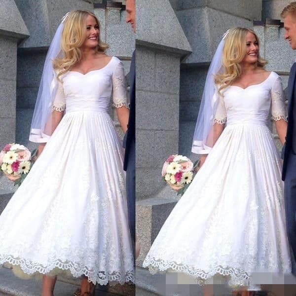 Vintage Short Sleeves Dresses Tea Length Lace Applique Sweetheart Necke Plus Size Wedding Bridal Gown Vestido De Novia