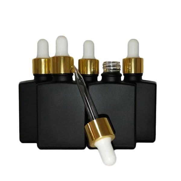 wholesale 30ml Black Frosted Glass Liquid Reagent Pipette Dropper Square Essential Oil Perfume Bottle Smoke oil e liquid Bottles With Gold Cap