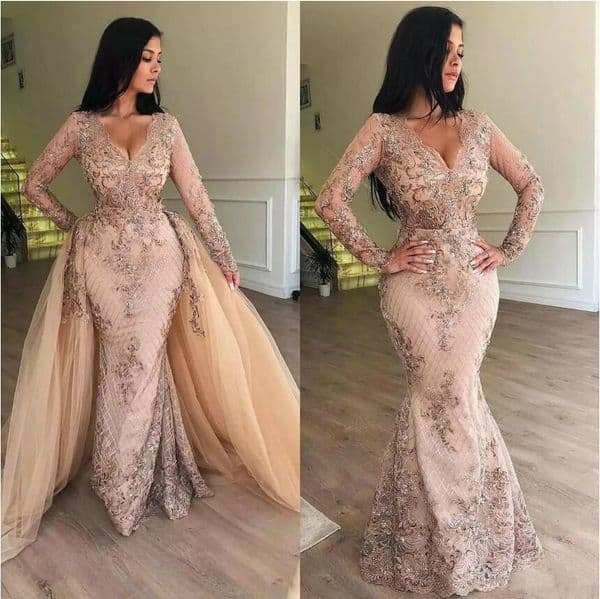 2019 Luxury Mermaid Prom Dresses V Neck Lace Appliques Evening Dress with Detachable Skirt Formal Party Special Occasion Gowns