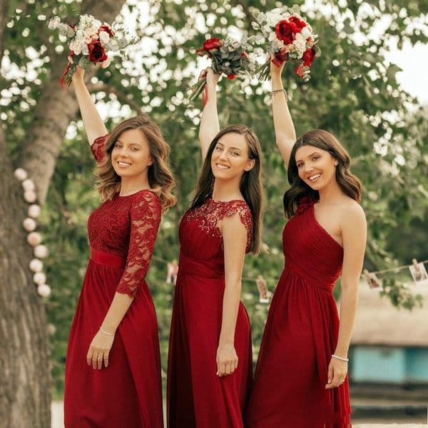 2024 New Arrival Red Bridesmaid Cheap Chiffon Lace Jewel Neck Floor Length Country Wedding Bridesmaids Dresses Maid Of Honor Gowns 403