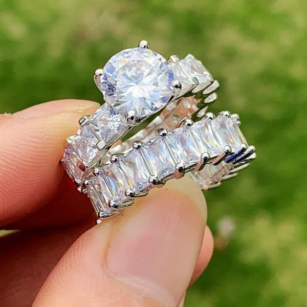 Couple Rings: Sterg Sier & Round Cut White Topaz Gemstones