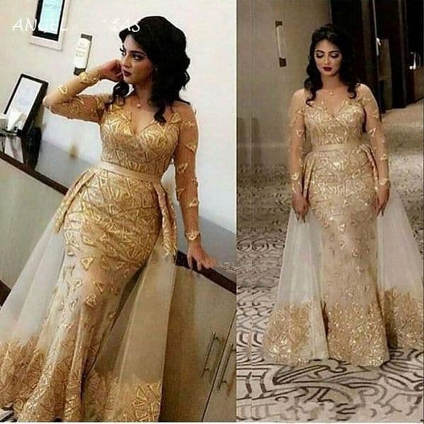 New Sexy Gold Champagne Mermaid Prom Tulle Lace Appliques Crystal Beading Overskirts Long Formal Party Evening Dresses Wear