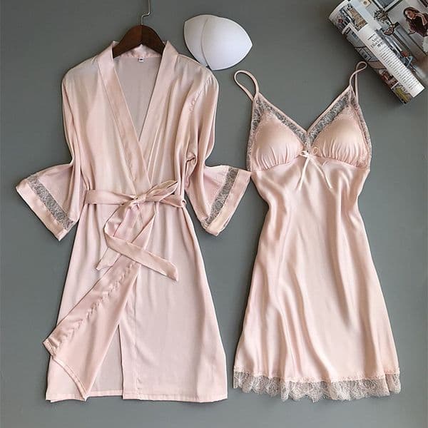 Women's Sleepwear Sexy Lace Silk Robe & Gown Set Sleep Dress bathrobe Two Piece 5 Color Robe Bridesmaid Wedding SleepwearMX190822