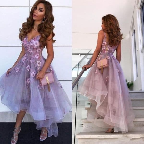 2020 New Arrival Short Lavender Prom Dresses V Neck Lace 3D Appliques Sleeveless High Low Length Custom Evening Gowns Cocktail Party Dress