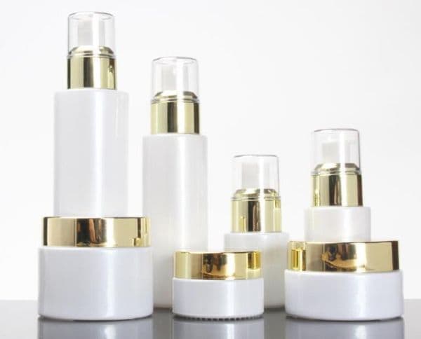 wholesale Empty 30/50g jar 20/30/100ml white glass pump lotion/spray bottle gold collear lids