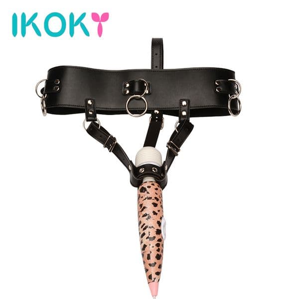 Ikoky Chastity Female Masturbator Sm Bondage Sex Toys For Women Pu Leather Harness Strap Forced Orgasm Belt Magic Wand Holder Y190716