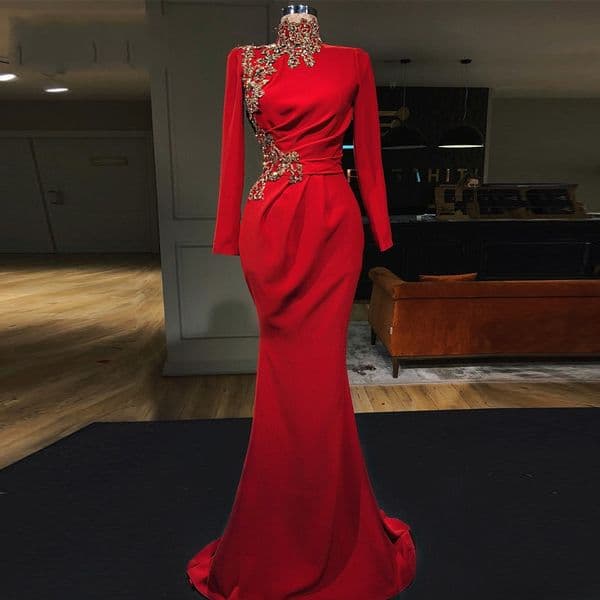 Party-Gown Red Mermaid Evening Dresses High Collar Full Sleeves Long Evening Dress Court Train Prom Formal Gowns robe-de-soiree